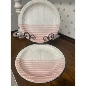 VTG Churchill England Pink Polka Dot Striped Dinner Plates Set 3 Stoneware 10"